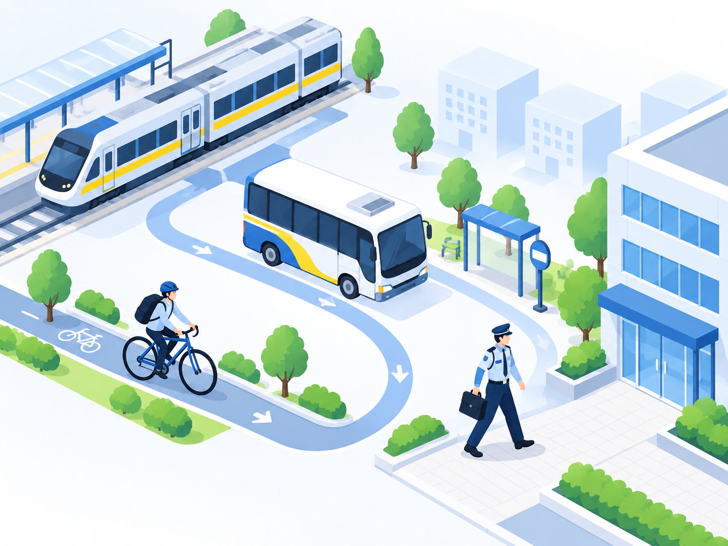 電車・送迎車・自転車・徒歩での通勤方法を示すイラスト